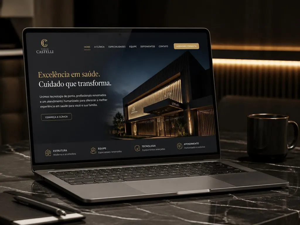 Notebook sobre mesa de mármore escuro exibindo um site institucional premium de clínica com identidade dourada