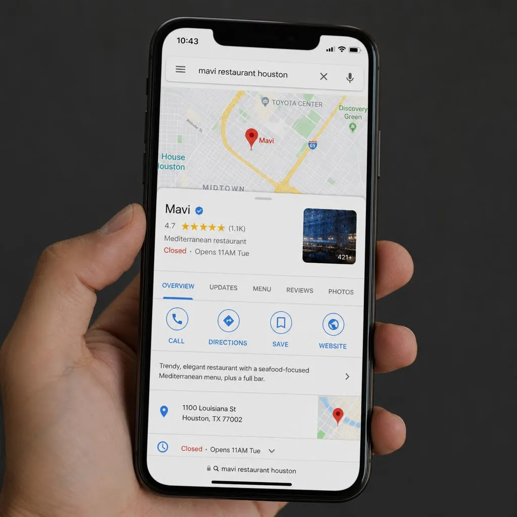 Smartphone exibindo o resultado do Google Meu Negócio no Google Maps, com pino de localização, avaliação em estrelas e selo de verificação