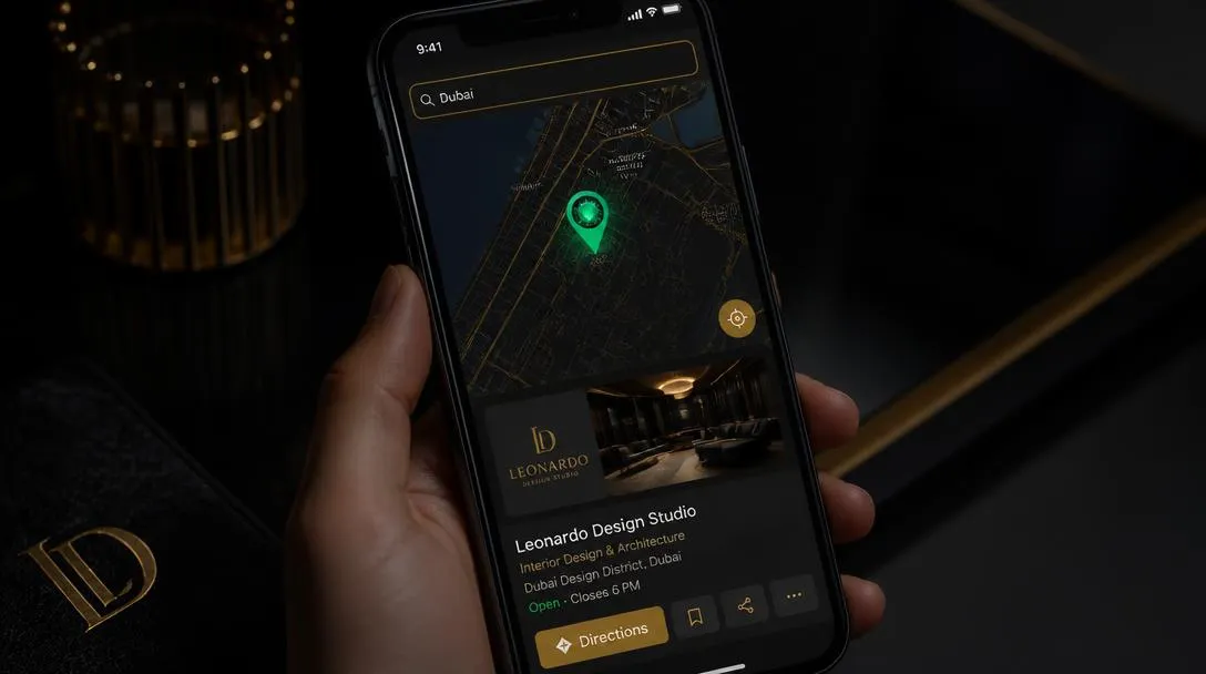 Smartphone exibindo resultado de busca local no mapa com pino esmeralda e ficha de empresa em destaque