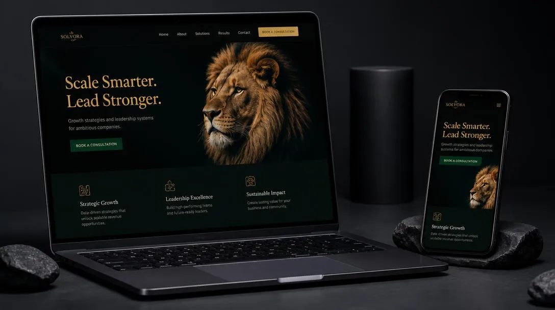 Notebook e smartphone escuros exibindo uma landing page premium de alta conversão com detalhes dourados