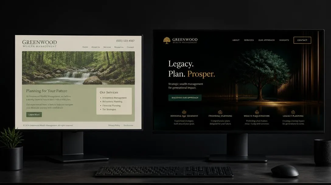 Dois monitores lado a lado comparando um site antigo com uma nova versão moderna e sofisticada
